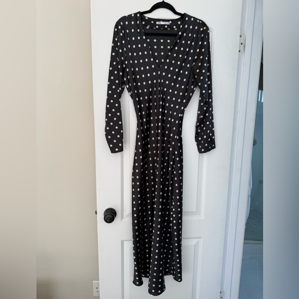 Zara Black and White Polka Dot Long Sleeve Dress